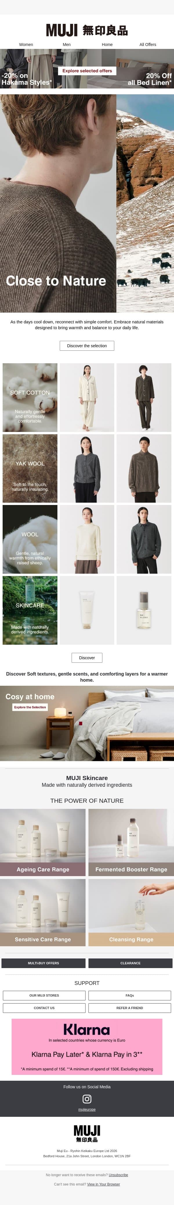 20% off Hakama & bed linen online and in-store email from Muji screenshot