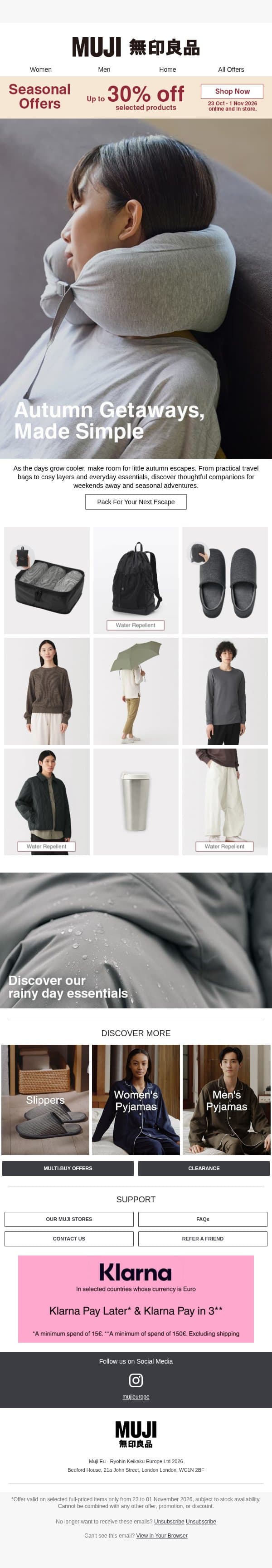 Autumn Getaways, Made Simple email from Muji screenshot