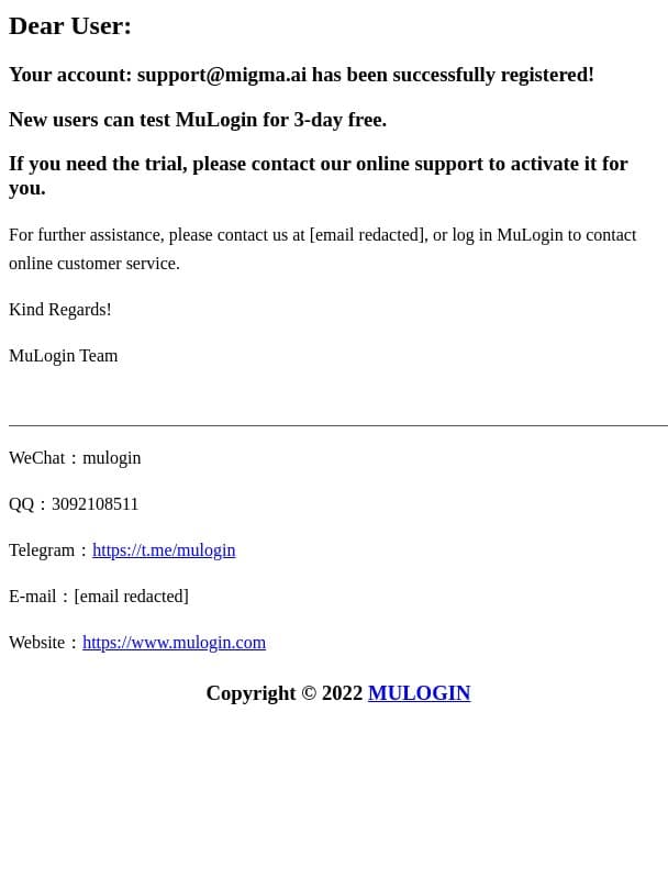 [MuLogin] Account has been created successfully (3-day free trial) ! email from MuLogin screenshot