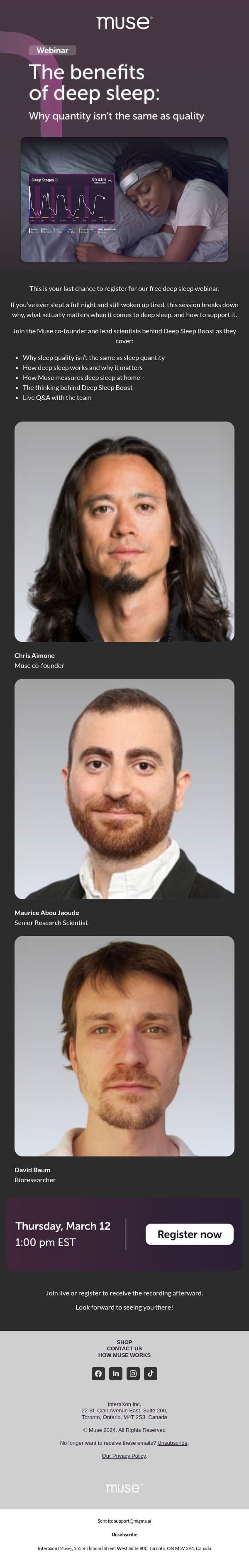 Last chance to register: Deep Sleep Webinar email from Muse screenshot