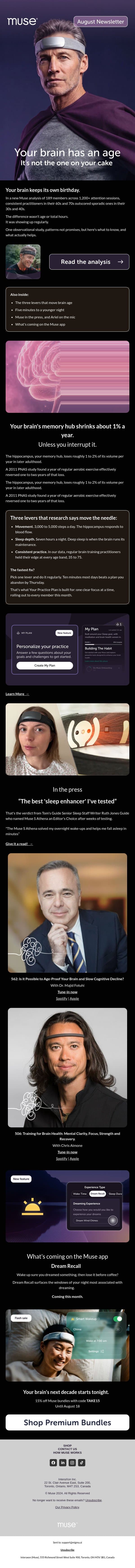 Your brain has an age. It's not the one on your cake. email from Muse screenshot