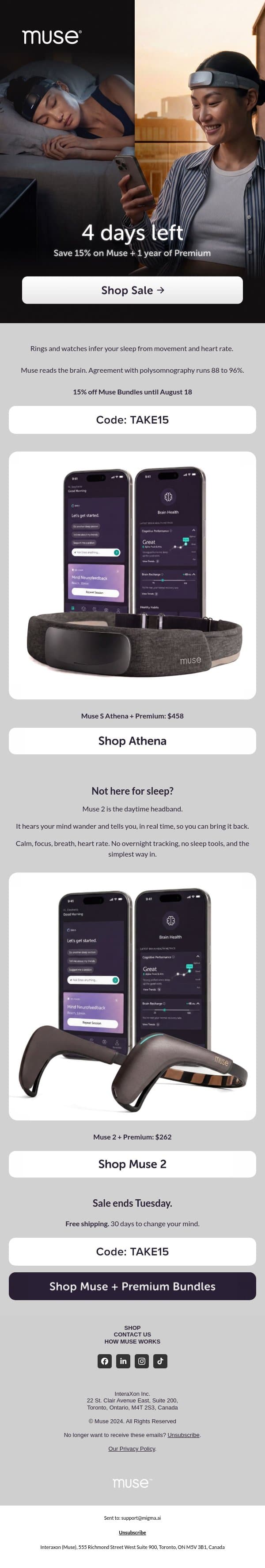 Athena $458, Muse 2 $262 email from Muse screenshot