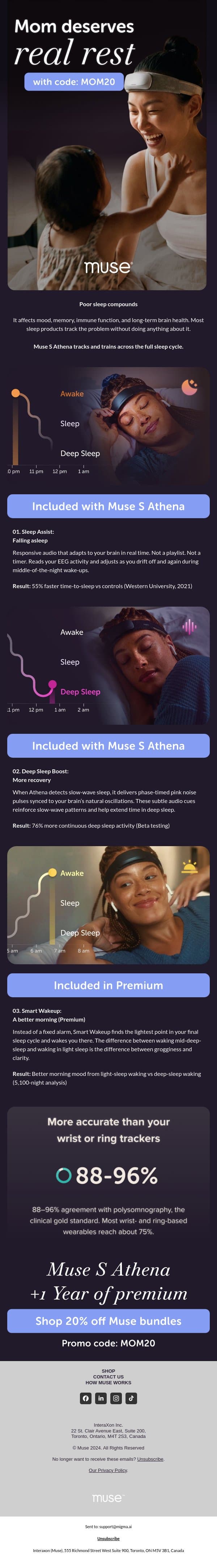 Here’s 20% off so Mom can get some rest. email from Muse screenshot