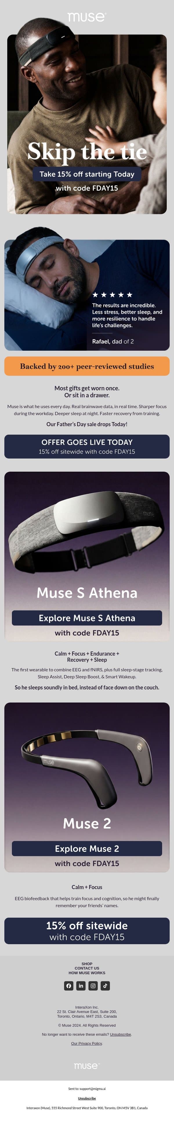 Dad needs sleep, not another tie. email from Muse screenshot