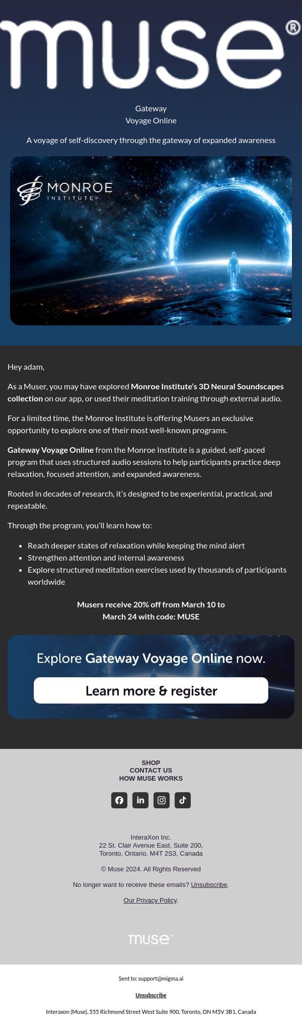 Monroe Institute’s immersive training - 20% off email from Muse screenshot