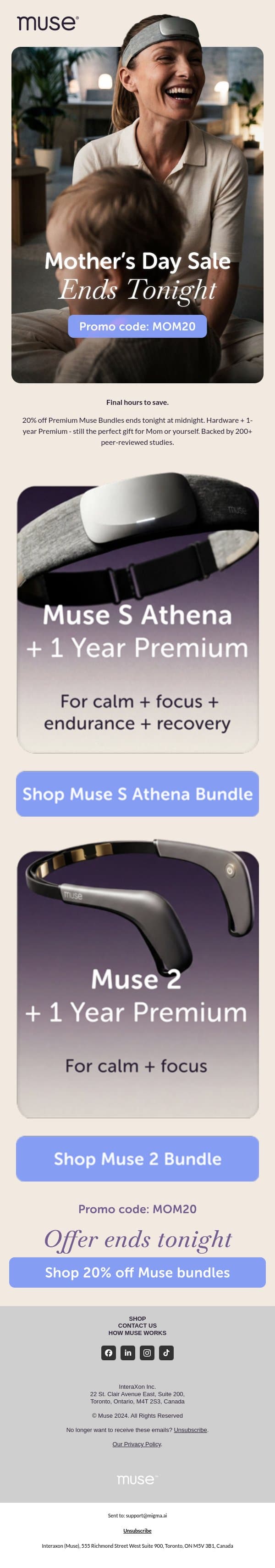 20% off for Mom ends tonight email from Muse screenshot