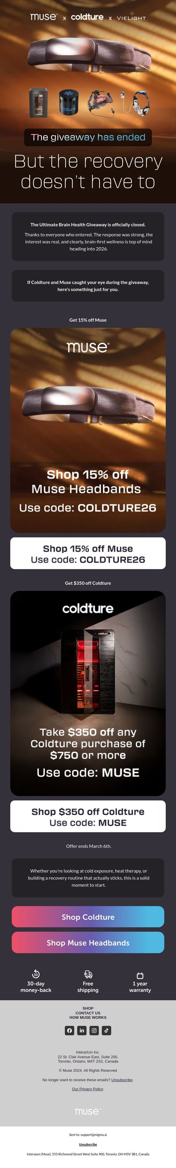 Invest in recovery, take $350 off email from Muse screenshot