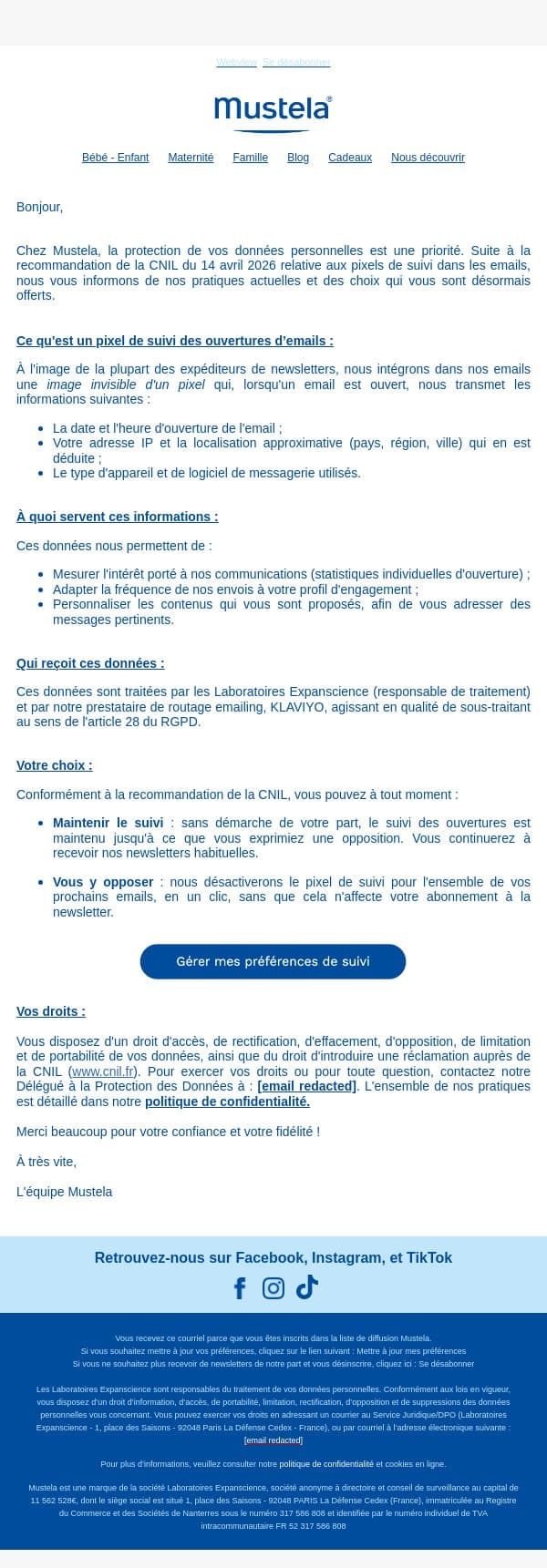 Mustela & vos données : Une évolution concernant votre confidentialité email from Mustela screenshot