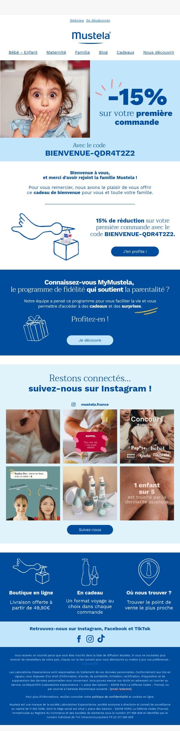 Bienvenue chez Mustela : -15% sur votre 1ère commande ! email from Mustela screenshot