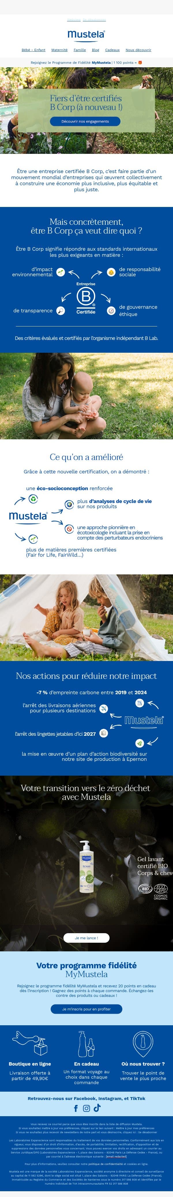 Mustela est (encore) certifiée B Corp 🌱 email from Mustela screenshot