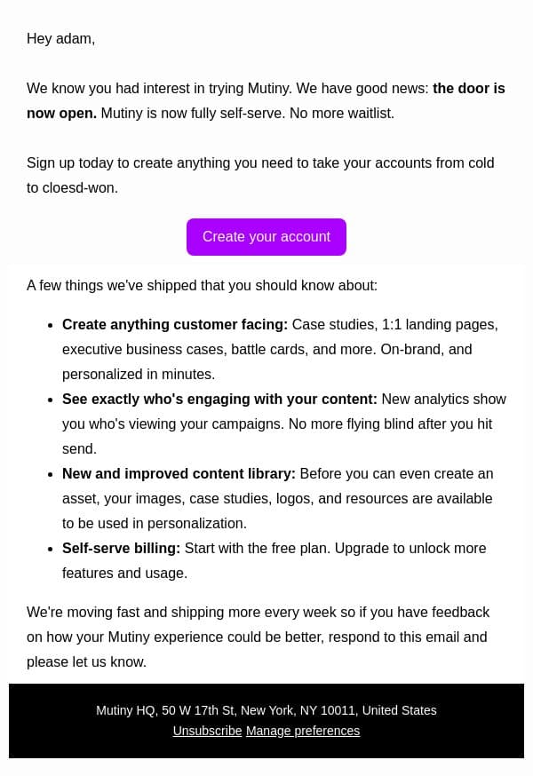 The wait(list) is over. Start creating today. email from Mutiny screenshot