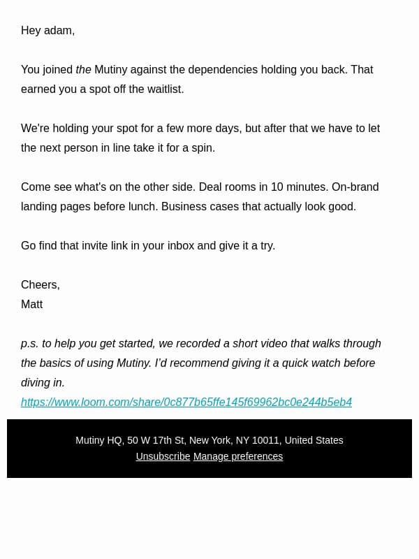You're off the waitlist. Redeem your invite before it expires. email from Mutiny screenshot