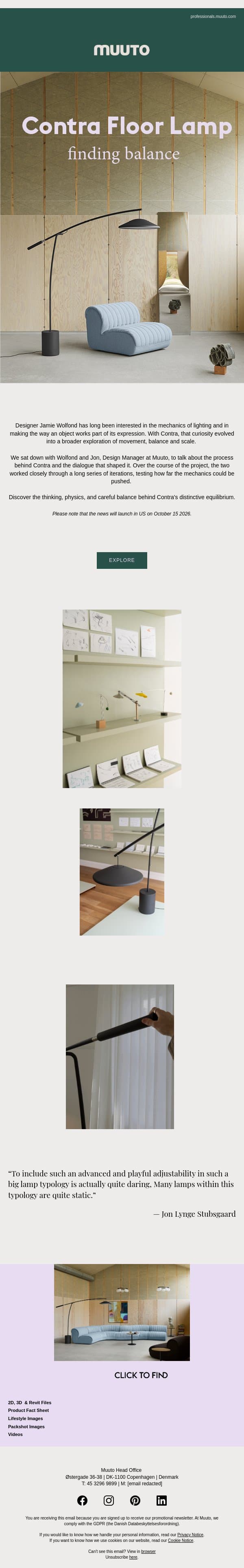 Introducing Contra Floor Lamp email from Muuto screenshot