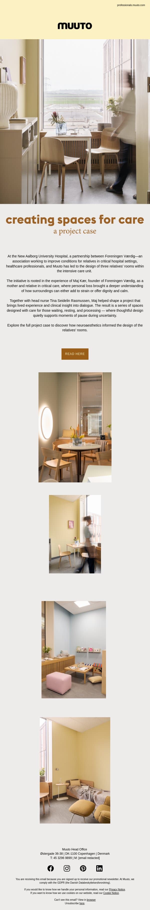 A project case on creating spaces for care email from Muuto screenshot