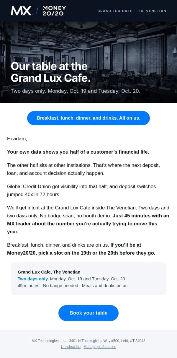 Your seat at the Grand Lux is on us email from MX screenshot