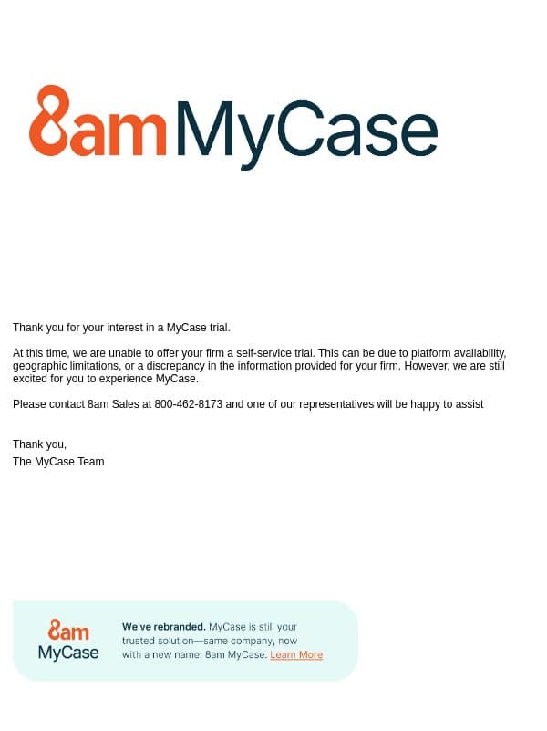 MyCase Trial Login email from MyCase screenshot