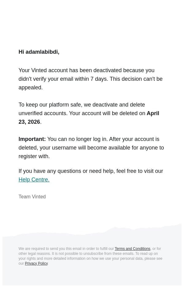 Vinted account scheduled for deletion email from Myrorna screenshot