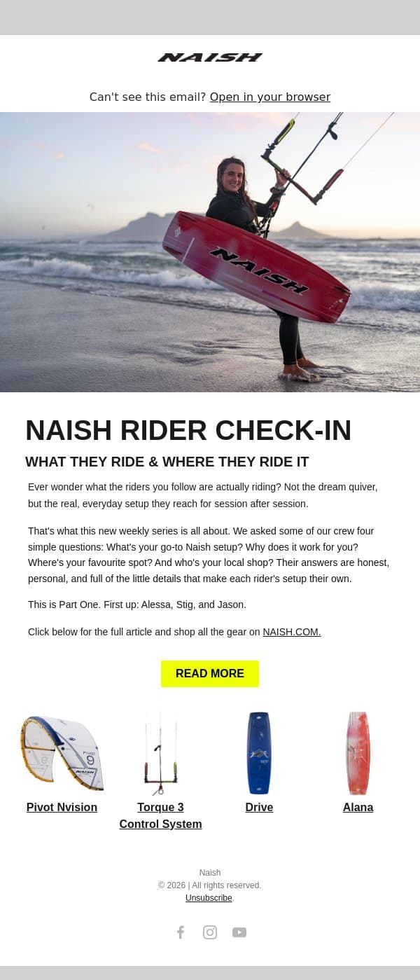 Rider Check-In Part I email from Naish screenshot