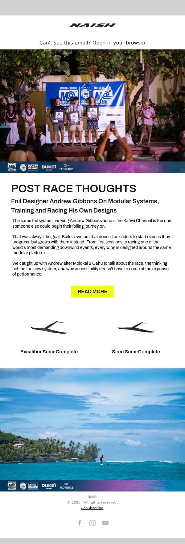 Post Race Thoughts email from Naish screenshot