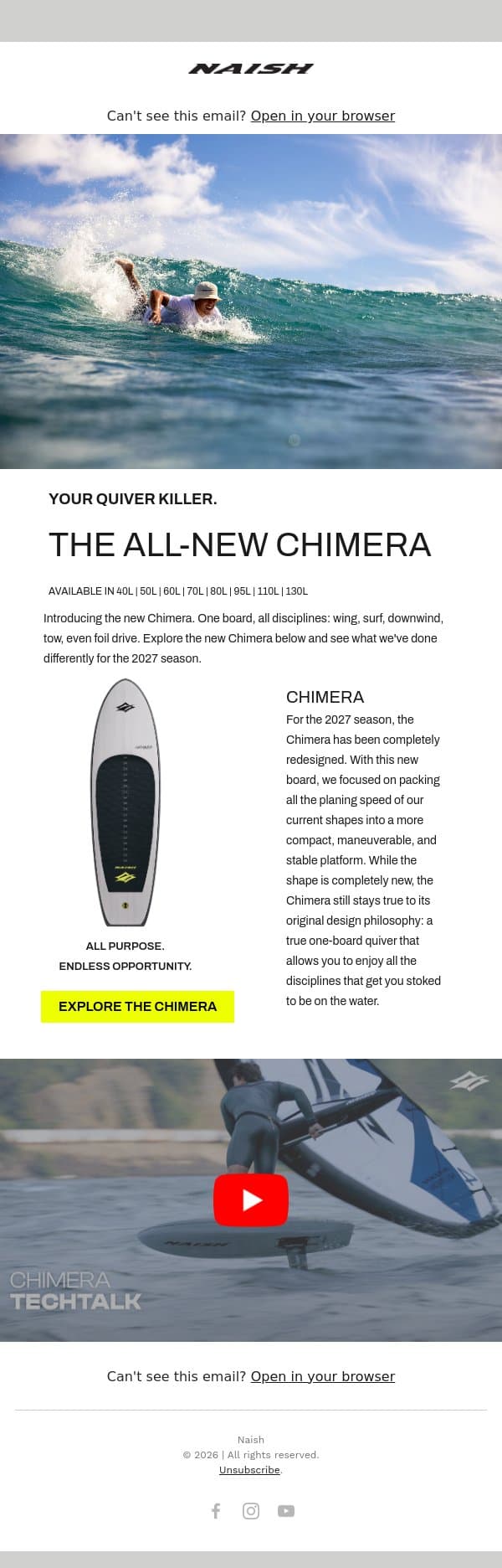 The New Chimera Has Landed email from Naish screenshot