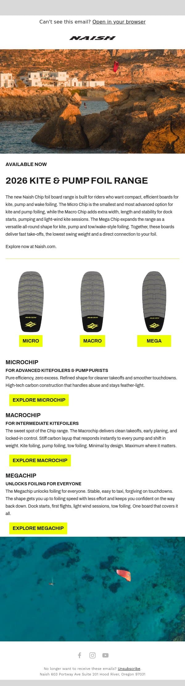 The 2026 Kite & Pump Foil Range is Here email from Naish screenshot