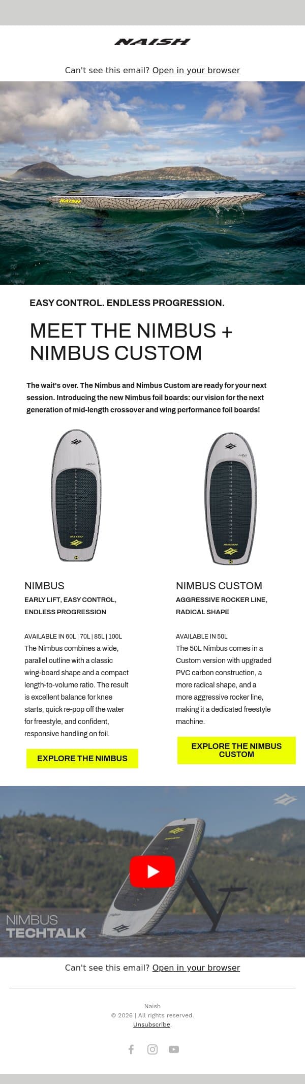 Meet the Nimbus and Nimbus Custom email from Naish screenshot