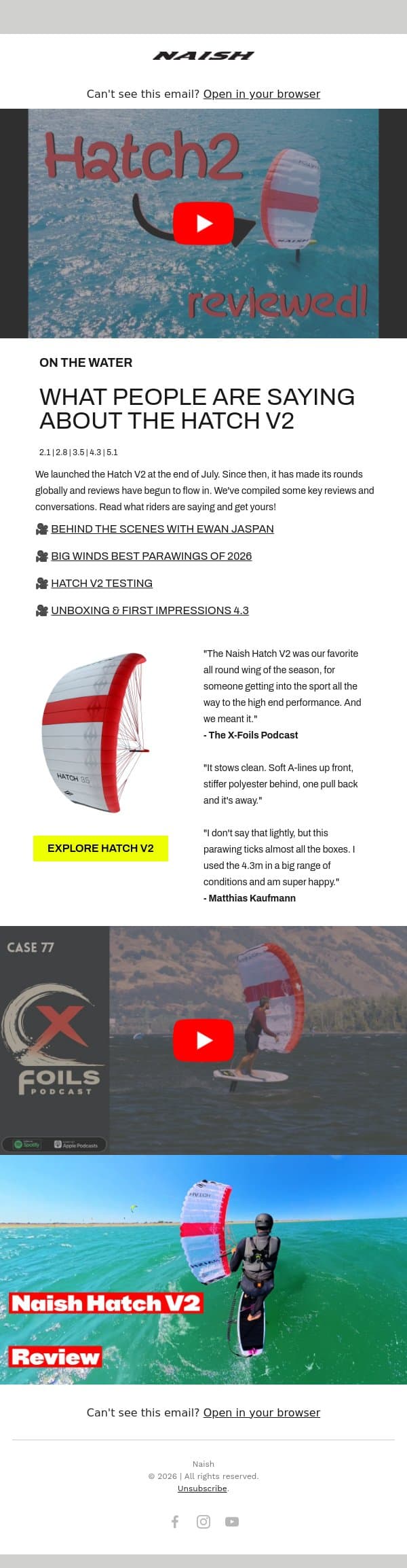 Hatch V2 Reviews email from Naish screenshot