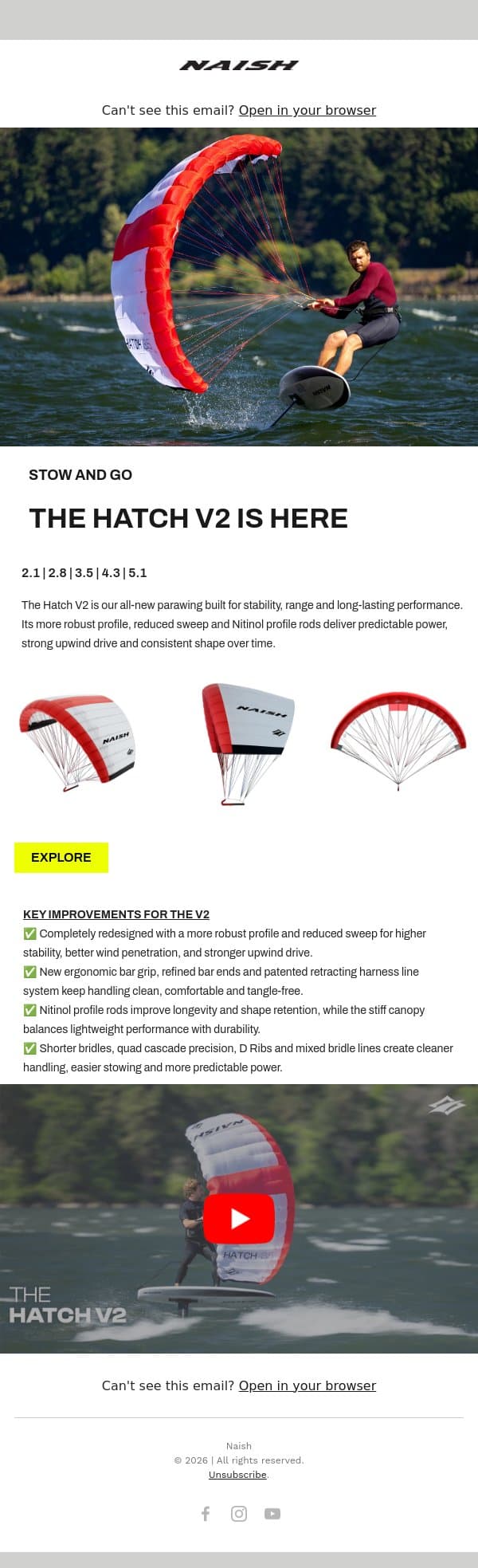 Hatch V2 Is HERE email from Naish screenshot