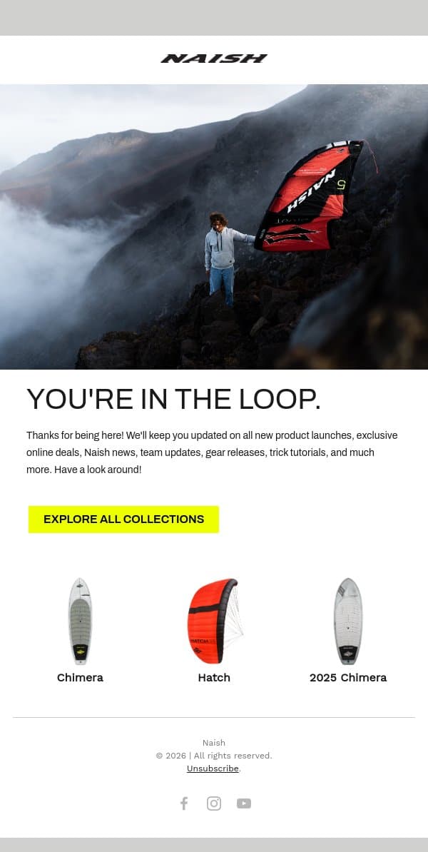You're in the loop! email from Naish screenshot