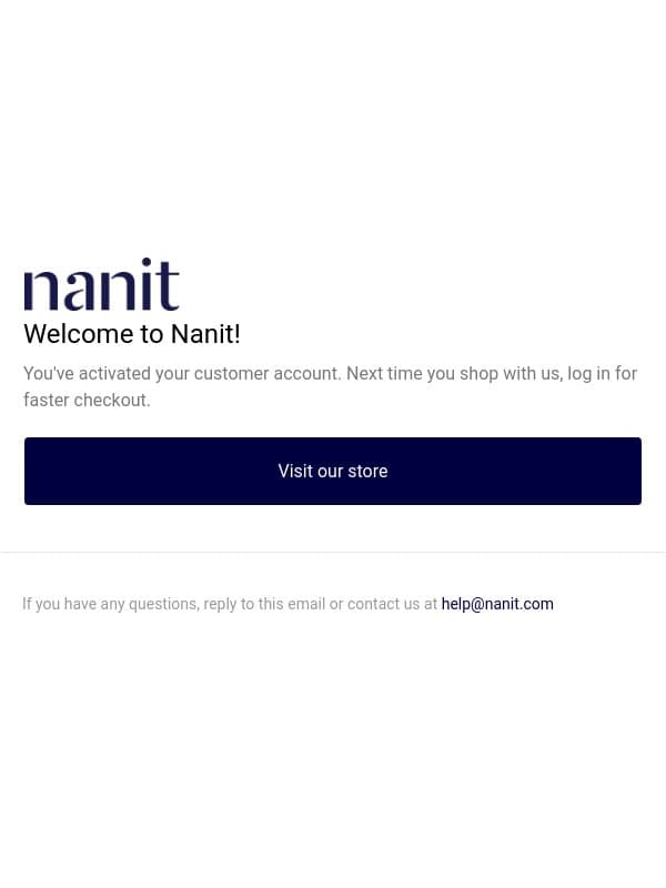 Customer account confirmation email from Nanit screenshot