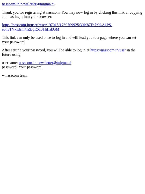Account details for nasscom-in.newsletter@migma.ai at nasscom email from Nasscom screenshot