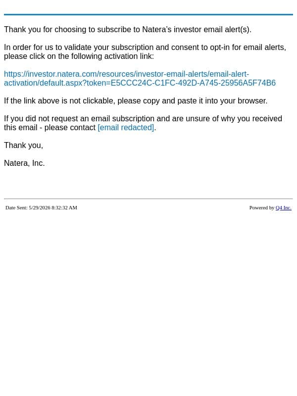 Natera, Inc. Website - Validate Account email from Natera screenshot