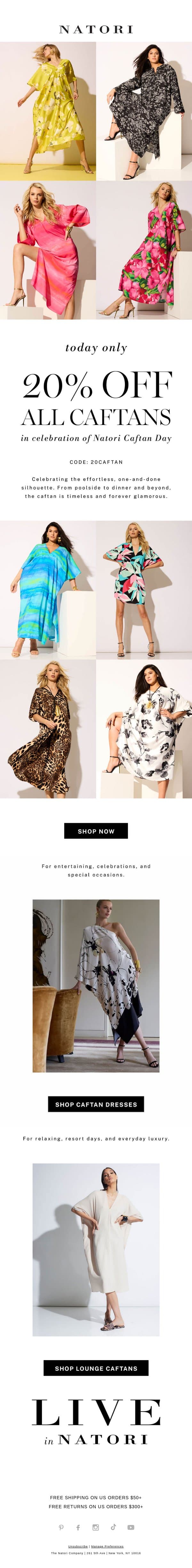 20% Off Caftans Sitewide! email from Natori screenshot