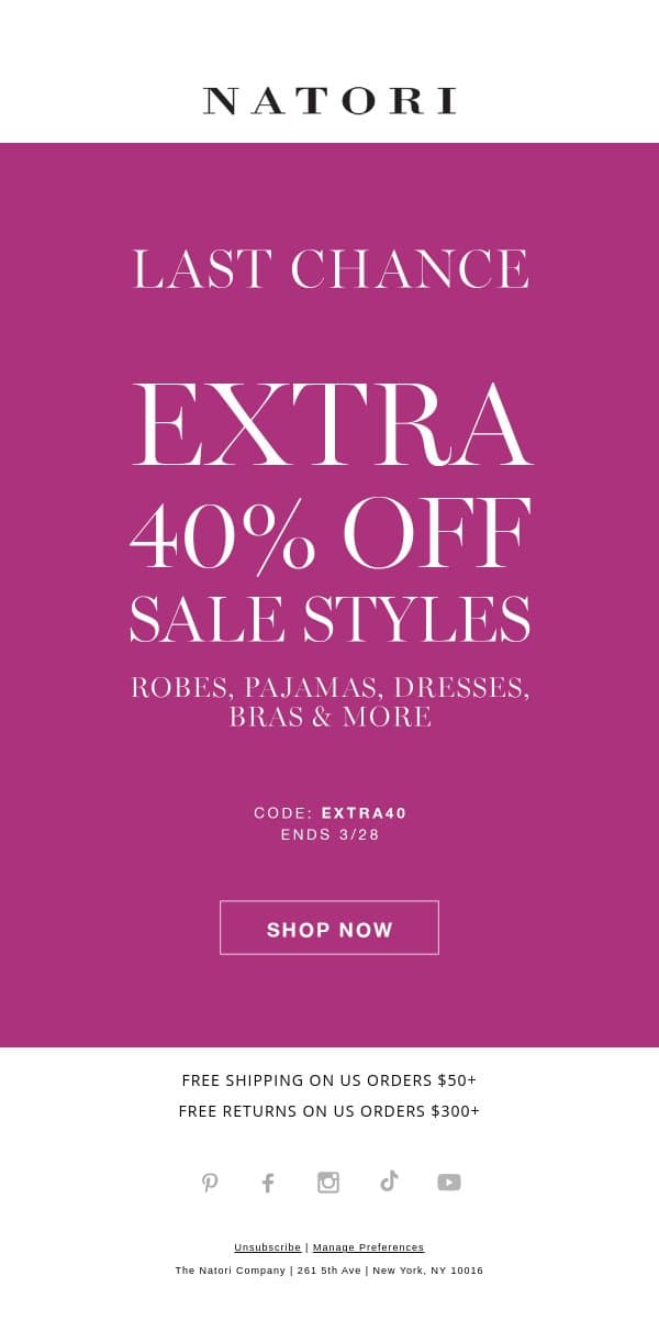 Final Hours: Extra 40% Off email from Natori screenshot