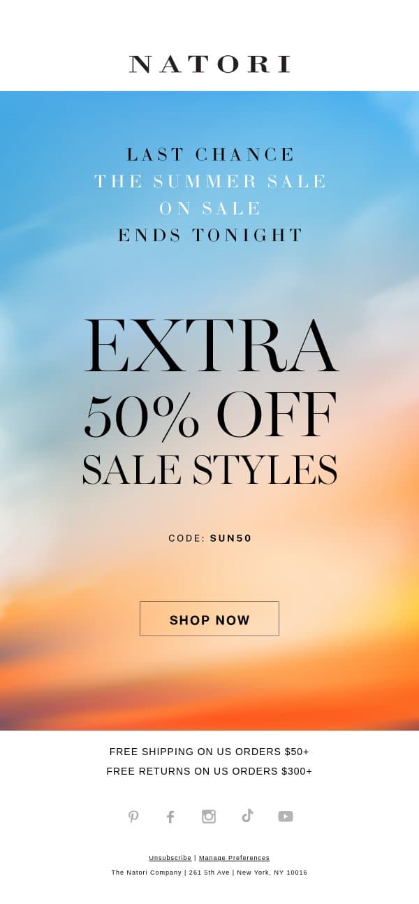 Ends Tonight: Extra 50% Off Summer Sale email from Natori screenshot