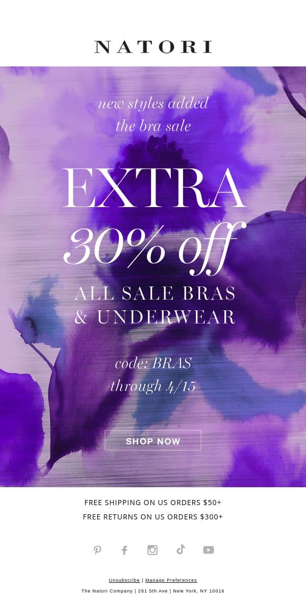 2 More Days: Extra 30% Off Bras email from Natori screenshot