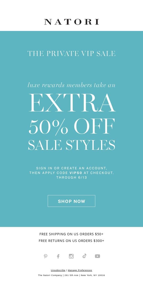 Exclusive Access! Extra 50% Off Sale email from Natori screenshot