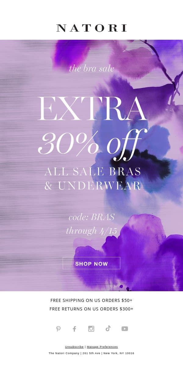 Extra 30% Off! Bras & Underwear on Sale email from Natori screenshot