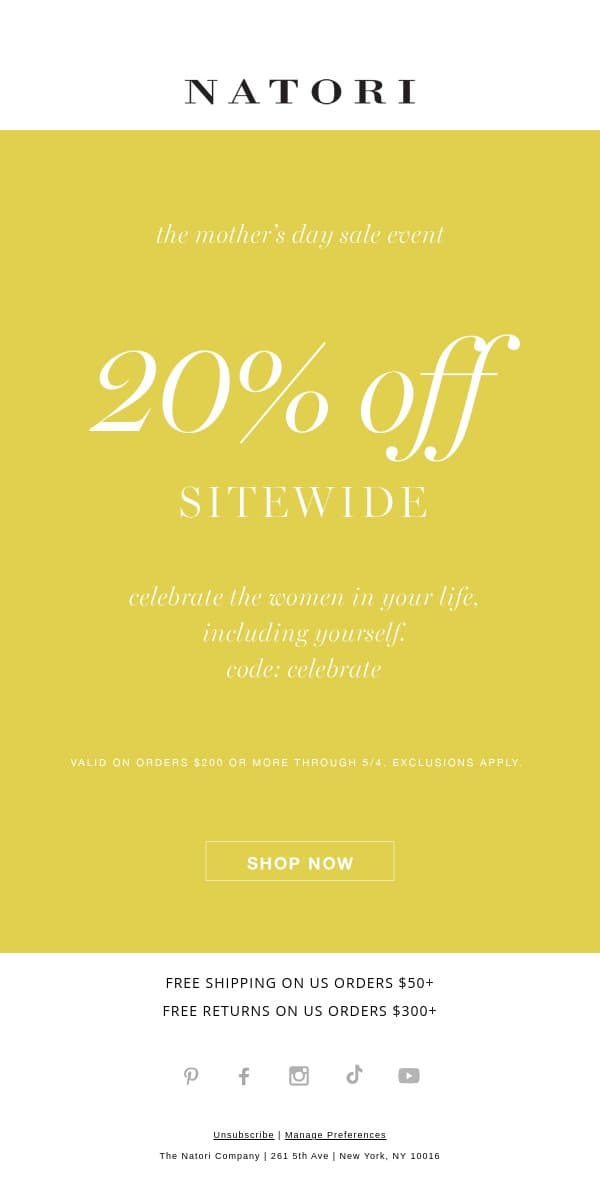20% Off Sitewide Starts Right Now! email from Natori screenshot
