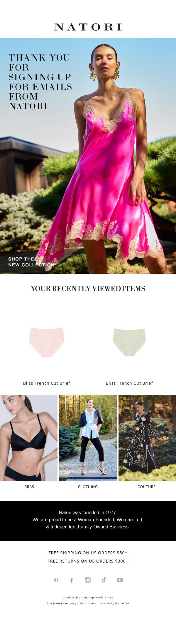 Thanks for Signing Up! email from Natori screenshot