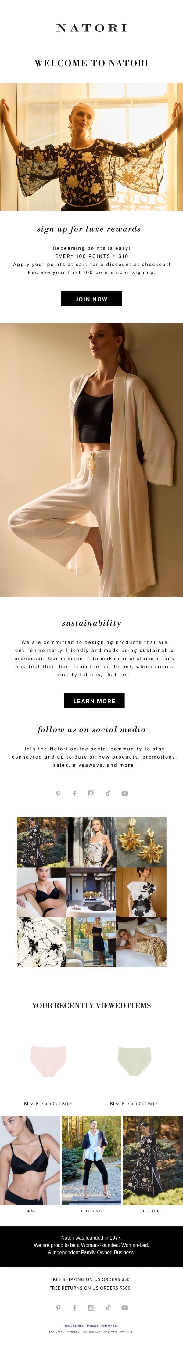 Luxe Rewards & Sustainability email from Natori screenshot