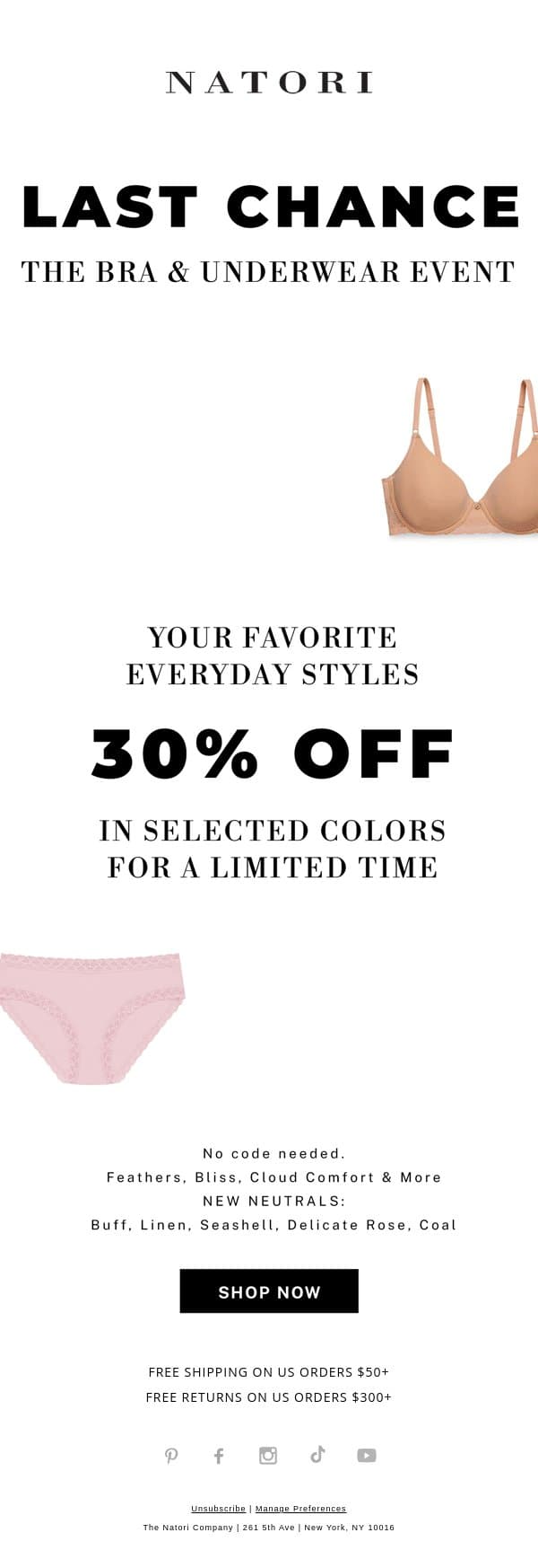 Last Chance: 30% Off Bras & Underwear email from Natori screenshot