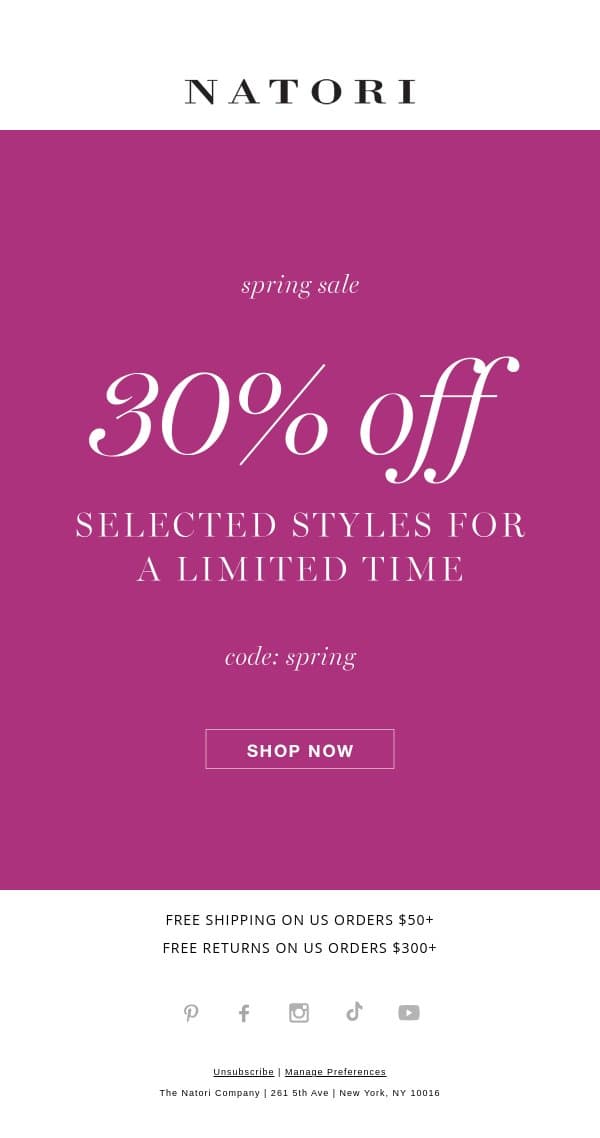 30% Off Select Spring Styles email from Natori screenshot