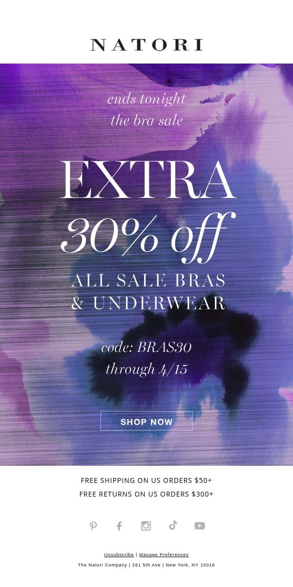 Last Chance! Extra 30% Off Underwear & Bras email from Natori screenshot