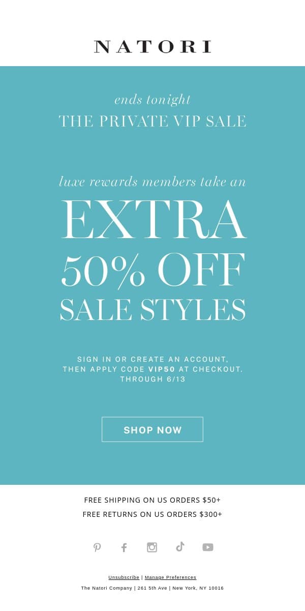 Last Chance! Extra 50% Off Private Sale email from Natori screenshot