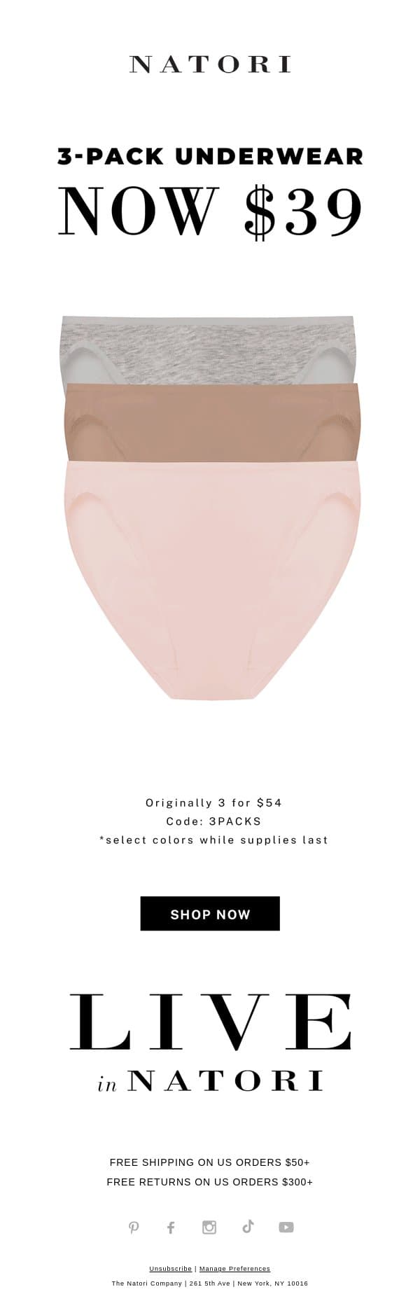3-Pack Underwear Now $39 email from Natori screenshot