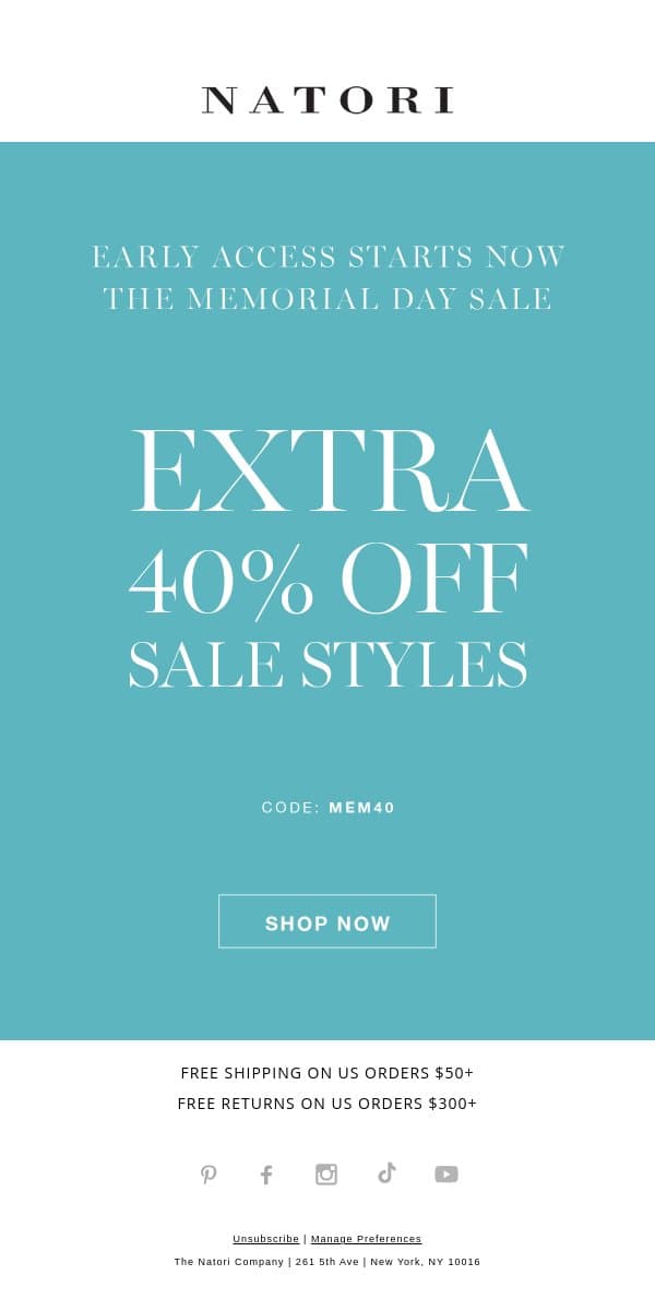 Early Access: Extra 40% Off Sale Styles email from Natori screenshot