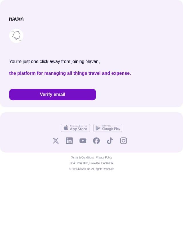 Action required: Verify your email to access Navan email from Navan screenshot