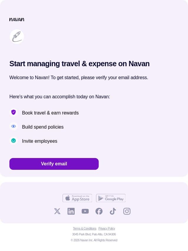 Verify your email in just a few clicks email from Navan screenshot
