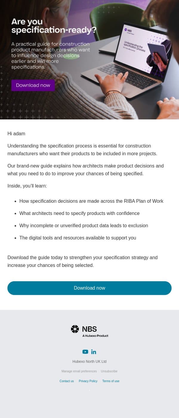 How architects choose products and how to get selected email from NBS screenshot